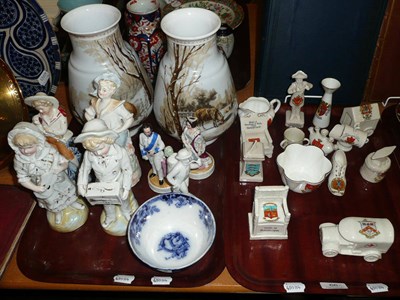 Lot 66 - A collection of crested china, porcelain figures of children, pair of Victorian opaque glass...