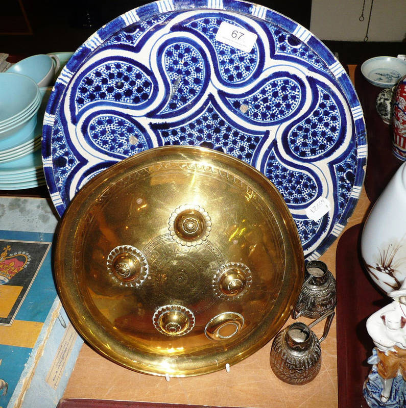 Lot 67 - Ottoman dish, brass shield and two Eastern jugs