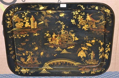 Lot 949 - A Regency Papier Mâché Tray, painted and gilt with chinoiserie figures amongst stylised...