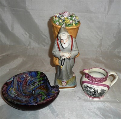 Lot 134 - 19th century pink lustre jug, glass bowl and a Continental figure