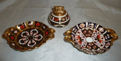 Lot 138 - Two Royal Crown Derby Imari bonbon dishes (one a.f.) and a table lighter