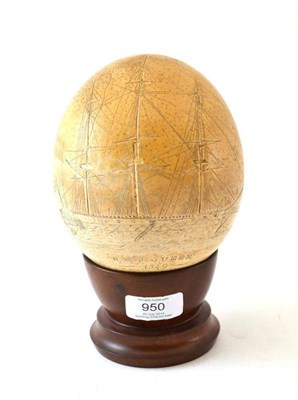 Lot 950 - A Scrimshaw Ostrich Egg, dated 1849, engraved with a portrait of HMS Queen, 15cm high, later turned