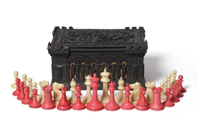 Lot 951 - A Staunton Ivory Chess Set, Jaques, 19th century, in red stained and natural ivory, stamped...