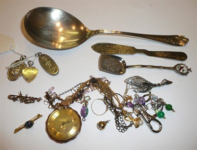 Lot 180 - A silver pendant, a silver shield, a silver ingot, a seed pearl swallow brooch, a fob watch,...