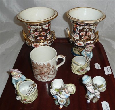 Lot 208 - Pair of Royal Crown Derby twin handled vases (a.f.), Royal Doulton commemorative mug coronation...