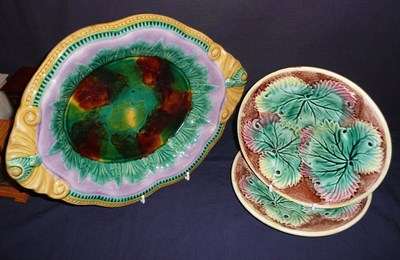 Lot 216 - Majolica bread tray and two Majolica plates