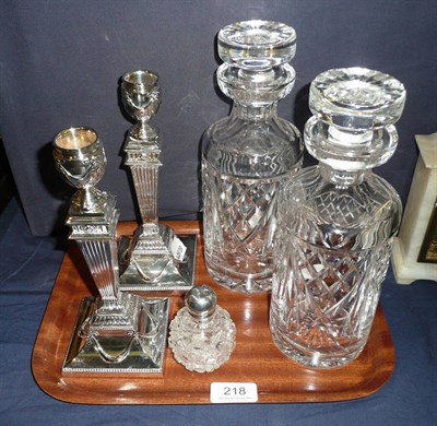 Lot 218 - Pair decanters, a pair of plated candlesticks and a small cut glass scent bottle with silver top