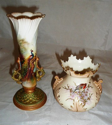 Lot 223 - A Royal Worcester vase painted with peacocks by F J Bray and a blush ivory vase painted with a...