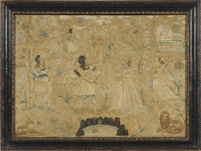 Lot 959 - A Charles II Needlework Panel, depicting lovers in a landscape with musicians, animals, trees...