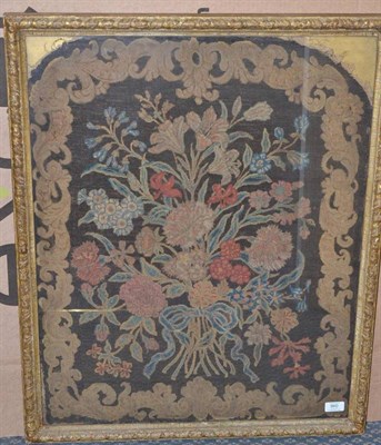 Lot 960 - A Needlework Panel, early 18th century, worked in coloured threads with a ribbon tied bunch of...