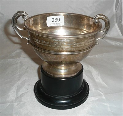 Lot 280 - Silver two handled trophy cup with inscription