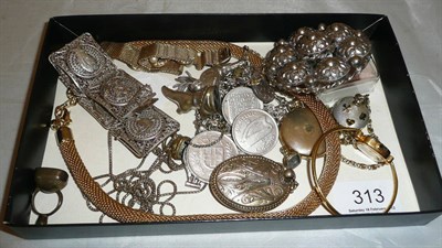 Lot 313 - A silver charm bracelet, a paste bird brooch, assorted bracelets, a locket, necklaces, seal fobs, a