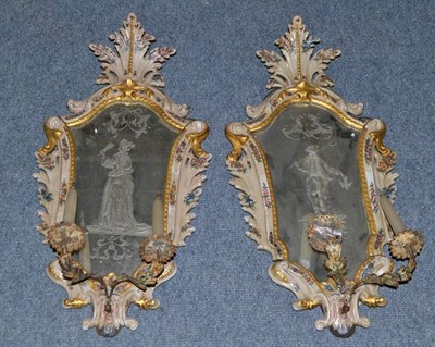 Lot 967 - A Pair of Venetian Engraved Glass and Maiolica Girandoles, the cartouche shaped panels engraved...