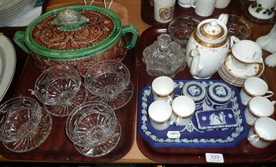 Lot 333 - A Majolica tureeen and cover, a Wedgwood dressing table set, a coffee set and a quantity of cut...