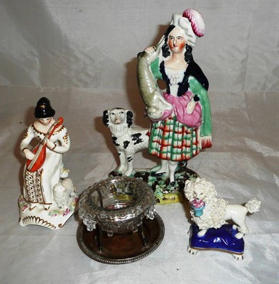 Lot 339 - Staffordshire small dog, Staffordshire lady with dog, lady with sheep and a cut glass salt