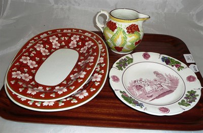 Lot 341 - Two Wedgwood pattern square dishes, pearlware nursery plate and a jug