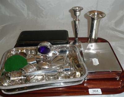 Lot 364 - Cased silver cruet, cigarette case, two loaded candlesticks (a.f.) four silver napkin rings,...