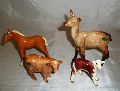 Lot 368 - Beswick Hereford calf, doe, highland calf and a palomino foal