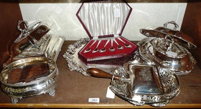 Lot 383 - A pair of entree dishes with crest, two entree dishes, salver and cake dish, cruet stand, cigarette