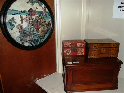 Lot 390 - Walnut canteen box, two other boxes and a Japanese Satsuma plaque