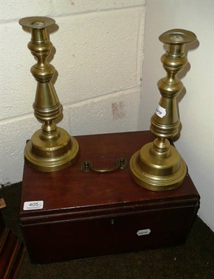 Lot 405 - Pair of 19th century brass candlesticks with mahogany box