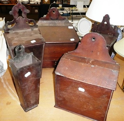 Lot 409 - A Georgian oak candle box with drawer, another with three shelves and three others