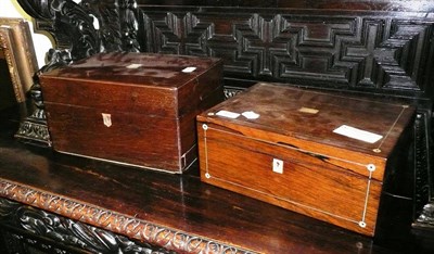 Lot 422 - A rosewood travelling vanity case with secret drawer and fitted interior, also a rosewood...