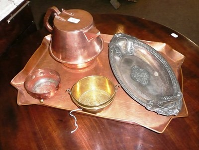 Lot 426 - Copper Art Nouveau tray, copper Arts & Crafts kettle, sugar bowl, signed pewter dish, brass...