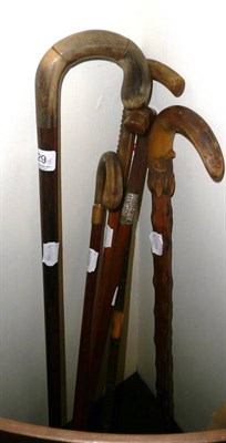 Lot 429 - Six assorted walking sticks in cow and sheep horn, 19th century