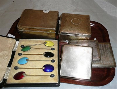 Lot 444 - Three silver cigarette cases, two silver cigarette boxes and a set silver gilt enamel spoons