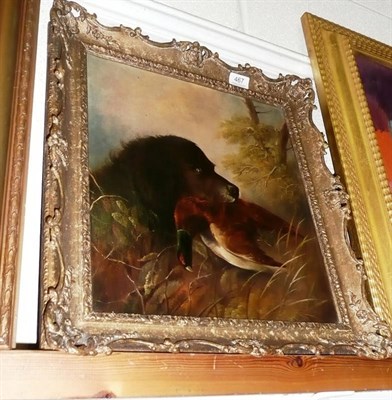 Lot 467 - Gilt framed oil, dog holding a pheasant