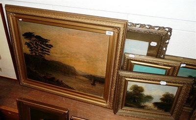 Lot 506 - An oil on canvas of an evening lake scene and four others (5)