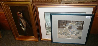 Lot 509 - Sam Chadwick watercolour, an oil of a Jay and another watercolour of flowers