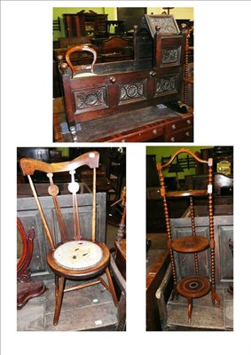 Lot 635 - Carved oak canopy cradle, doll and chair, cake stand and bedroom chair