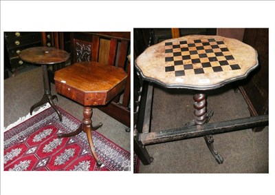 Lot 656 - A chess table with burr walnut top, carved barley twist column legs and two others