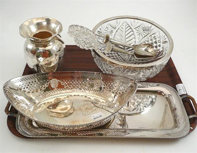 Lot 1 - Glass salad bowl with silver rim, a pair of silver and glass servers and sundry