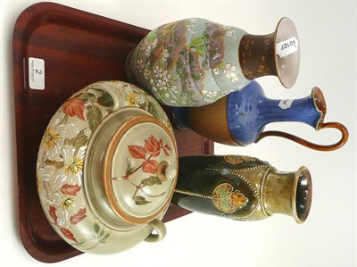 Lot 2 - Two Doulton vases, Doulton jug and a Doulton twin-handled bowl and cover (4)