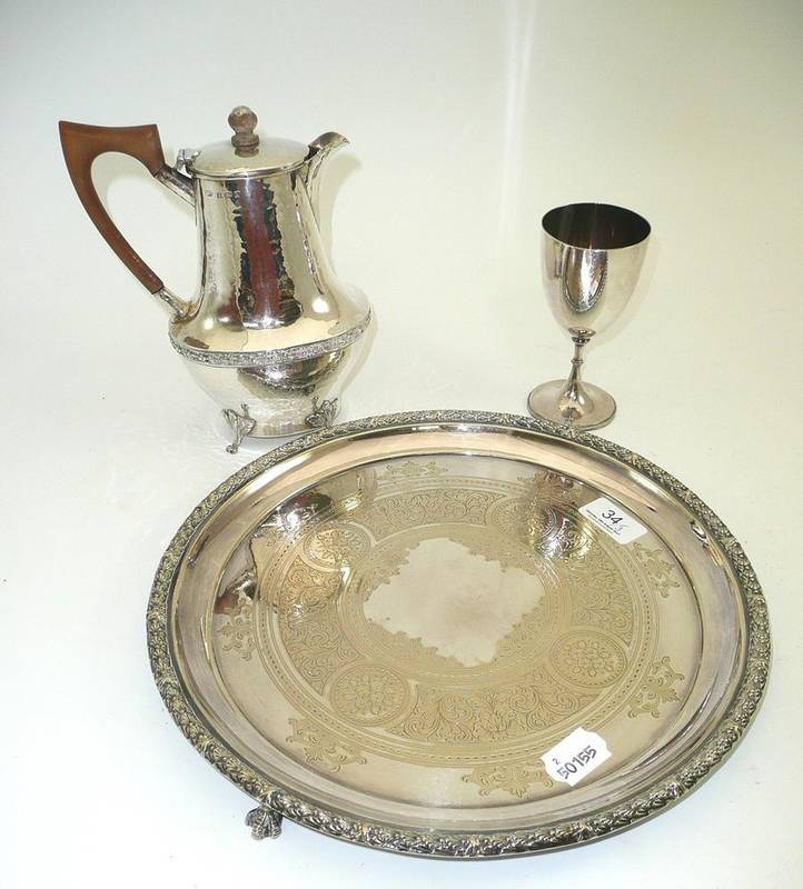 Lot 34 - A silver hot water jug, AEJ, Birmingham, a silver plated tray and a goblet (3)