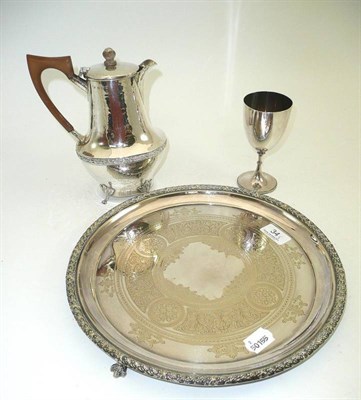 Lot 34 - A silver hot water jug, AEJ, Birmingham, a silver plated tray and a goblet (3)