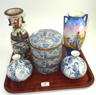 Lot 45 - A Chinese crackle glaze vase, a stack of three food bowls, a pair of Royal Bonn globular vases...