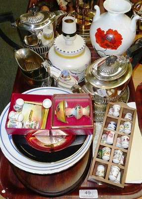 Lot 49 - A five piece EPNS tea set, a Caverswall miniature oil lamp and cheese dish, a Poole lamp, a...