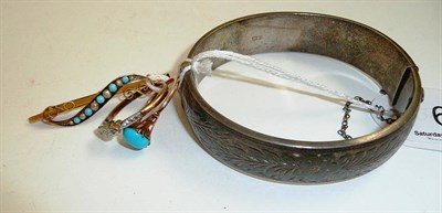 Lot 61 - A silver bangle, split pearl and turquoise brooch stamped '9ct', dress ring stamped '18ct' and...