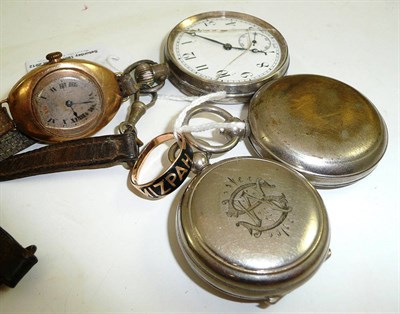Lot 63 - Two compasses, open faced pocket watch case stamped '925', wristwatch with case stamped '375',...