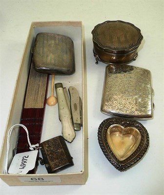 Lot 68 - Two silver cigarette cases, silver hinged trinket box, heart shaped pin dish, vesta, silver...