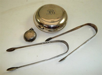 Lot 69 - Two pairs of silver sugar tongs, silver sovereign holder and silver tobacco box (4)