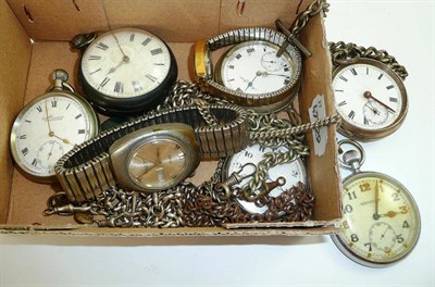 Lot 71 - Six various pocket watches, two wristwatches and silver and plated watch chains