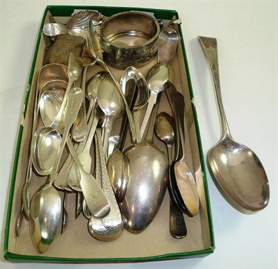 Lot 81 - A quantity of silver teaspoons, a silver vesta, a silver caddy spoon, silver buckles etc