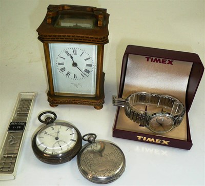 Lot 93 - A carriage timepiece, two plated pocket watches, a wristwatch and a watch bracelet