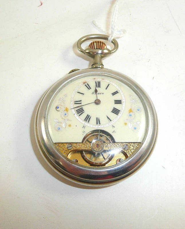 Lot 96 - An eight day silver plated pocket watch with mother of pearl back