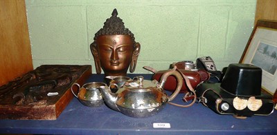 Lot 109 - Three piece plated tea set, two cameras, print etc (in one box)